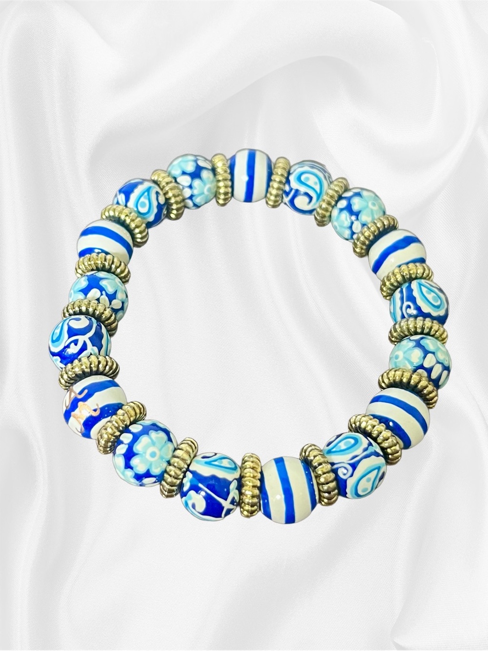 EUC Angela Moore Vintage Blue Coastal Hand-Painted Stretch Bracelet - Picture 2 of 12